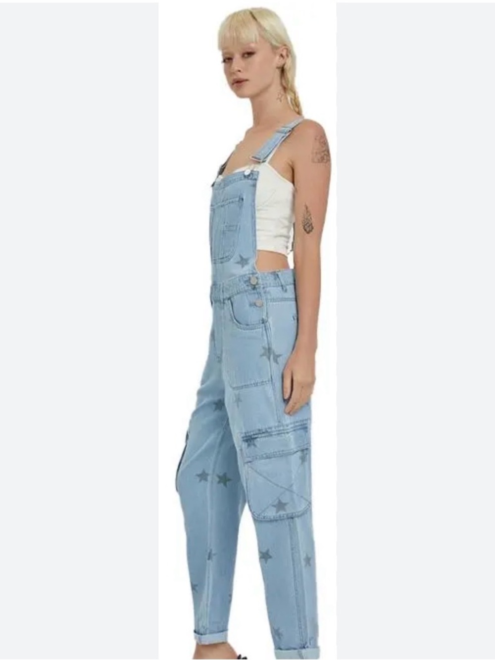Light Blue Star-Print Denim Overalls for Women - Casual Utility Style